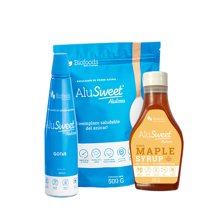 Pack Invierno AluSweet: Alulosa 500g + Gotas Alulosa 360ml y + Syrup Maple 320g