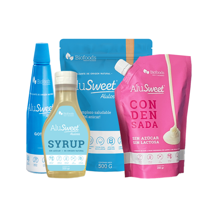 Pack AluSweet: Condensada 390 gr + AluSweet Alulosa 500 gr + Syrup Original 320 grs + Gota Alulosa 360 ml