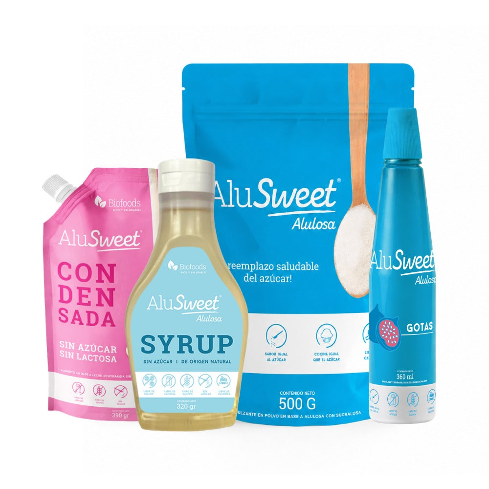 Pack AluSweet: Condensada 390 gr + AluSweet Alulosa 500 gr + Syrup Original 320 grs + Gota Alulosa 360 ml